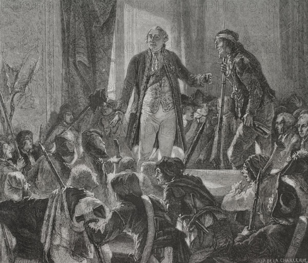 French Revolution. Paris. On 20 June 1792 the crowd attacked the Tuileries Palace, where King Louis XVI (1754-1793) was taking refuge. The mob forced the monarch to appear on the balcony, putting on Phrygian cap and drink to the health of the people, to which he agreed. Louis XVI drinking to the health of the nation. Drawing by Hippolyte de la Charlerie. Engraving by Jonnard. ""History of the French Revolution"". Volume I, 1876.