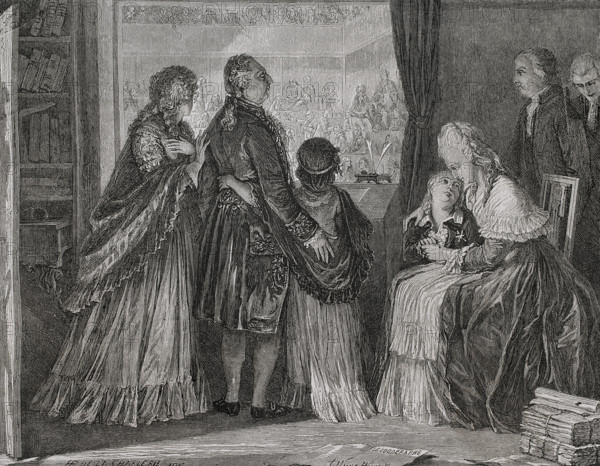 French Revolution. After the assault on the Tuileries Palace on 10 August 1792, the Legislative Assembly had to decree the suspension of the functions of King Louis XVI, who, together with his family, had taken refuge in the Assembly. King Louis XVI of France and his family taking refuge in the Legislative Assembly. Drawing by Hippolyte de la Charlerie. Engraving by Theodor Meyer-Heine. ""History of the French Revolution"". Volume I, 1876.