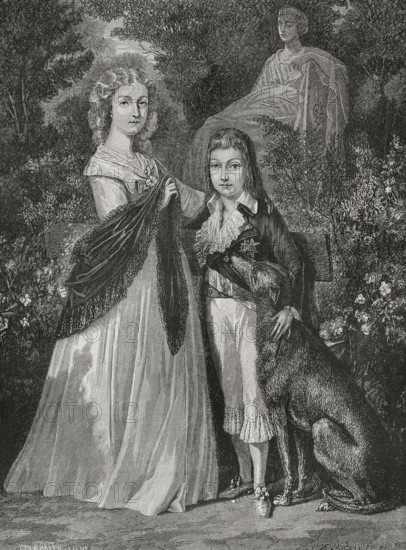 Portrait of two of the children of Louis XVI of France (1754-1793) and Marie-Antoinette (1755-1793): Marie-Therese (1778-1851), called Madame Royale, and Louis Charles (1785-1795), known as Louis XVII. Drawing by Hippolyte de la Charlerie. Engraving by Pannemaker. ""History of the French Revolution"". Volume I, 1876.