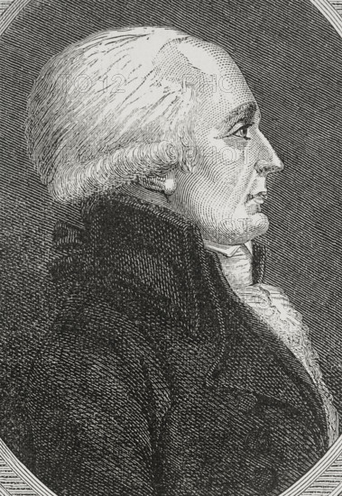 Etienne Claviere (1735-1793). French banker and businessman of Swiss origin, born in Geneva. He was active in politics during the French Revolution. Minister of Finance of France (24 March to 12 June 1792 and from 10 August 1792 to 2 June 1793). He was one of the founding members and the first president of the ""Societe des amis des Noirs"" (Society of the Friends of the Blacks) and of the ""Club des Jacobins"" (Jacobin Club). Portrait. Engraving. ""History of the French Revolution"". Volume I, 1876.