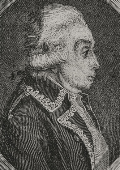 Nicolas Luckner (Johann Nikolaus Luckner) (1722-1794). German officer in the service of France who became a Marshal of France. Portrait. Engraving by Pannemaker. ""History of the French Revolution"". Volume I, 1876.