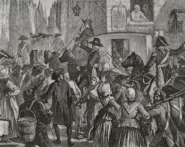 French Revolution. King Louis XVI (1754-1793) and the royal family taken to the Temple prison in Paris, 13 August 1792. Drawing by Hippolyte de la Charlerie. Engraving by Blanpain. ""History of the French Revolution"". Volume I, 1876.