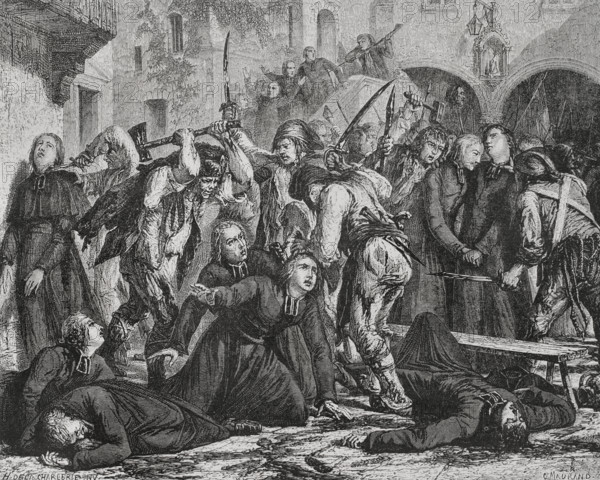 French Revolution. September Massacres (2 to 6 September 1792). The revolutionaries executed mass murders among the prison population all over France, mainly in Paris. Slaughter of clerics. Drawing by Hippolyte de la Charlerie. Engraving by Maurand. ""History of the French Revolution"". Volume I, 1876.