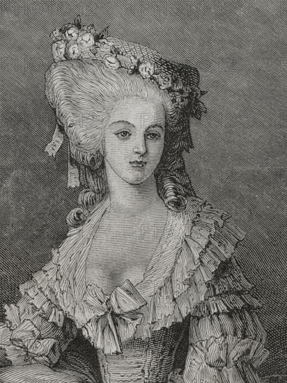 Marie Therese Louise of Savoy (1749-1792). Princess de Lamballe. French aristocrat. Personal friend and confidante of Queen Marie Antoinette. She was killed during the massacres of September 1792. Portrait. Engraving. ""History of the French Revolution"". Volume I, 1876.
