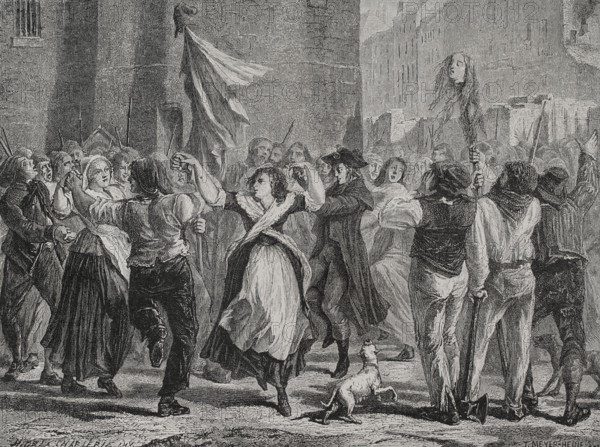 French Revolution. September Massacres (2 to 6 September 1792). The revolutionaries executed mass murders among the prison population all over France, mainly in Paris. The rebels parading the head of the Princesse de Lamballe (Marie Therese Louise of Savoy) through the streets. Drawing by Hippolyte de la Charlerie. Engraving by Theodore Meyer-Heine. ""History of the French Revolution"". Volume I, 1876.