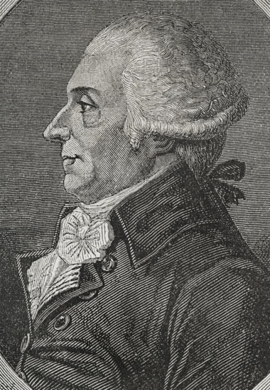 Louis-Bernard Guyton de Morveau (1737-1816). French chemist and politician. During the French Revolution he was a deputy to the Legislative Assembly in 1792, a member of the National Convention and of the Committee of Public Safety in 1793. Portrait. Drawing by Lienard. Engraving by Pannemaker. ""History of the French Revolution"". Volume I, 1876.