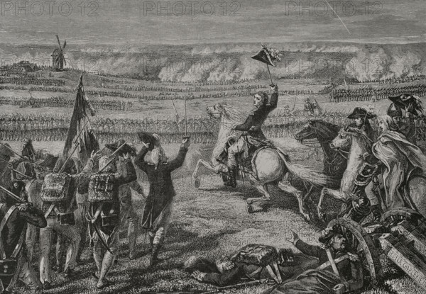 French Revolutionary Wars. Battle of Valmy (20 September 1792). The French army, commanded by Generals Kellermann and Dumouriez, was able to halt the advance of the Prussian army led the Duke of Brunswick. Drawing by Hippolyte de la Charlerie. Engraving. ""History of the French Revolution"". Volume I, 1876.