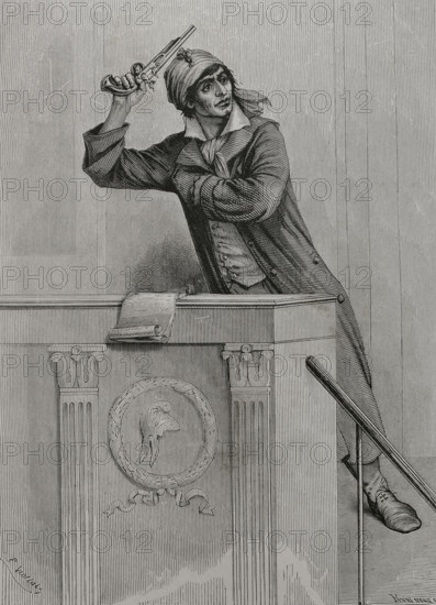 Jean-Paul Marat (1743-1793). French scientist and physician who became an important politician during the French Revolution. Jacobin leader, he defended the Terror. Portrait of Marat in Convention inciting the revolution. Drawing by E. Viollat. Engraving by Pannemaker. ""History of the French Revolution"". Volume I, 1876.