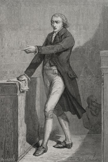 Jean-Baptiste Louvet de Couvray (1760-1797). French novelist, journalist, playwright and politician. He sided with the Girondins. Deputy to the National Convention. Portrait. Drawing by Hippolyte de la Charlerie. Engraving by A. Demarle. ""History of the French Revolution"". Volume I, 1876.
