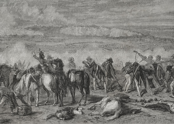 French Revolutionary Wars. Battle of Jemappes (6 November 1792). Faced the Austrian and French armies in the vicinity of the village of Jemappes, near Mons, a town in the province of Hainaut (present-day Belgian territory). The French revolutionary troops, commanded by Dumouriez, defeated the Austrians. Drawing by Hippolyte de la Charlerie. Engraving by Hurel. ""History of the French Revolution"". Volume I, 1876.