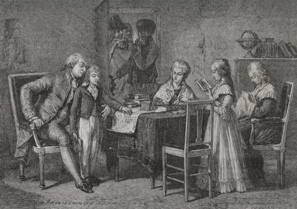French Revolution. On 13 August 1792 King Louis XVI (1754-1793) and the royal family were taken prisoners at the Temple in Paris. Occupations of the royal family in the Temple prison. Drawing by Hippolyte de la Charlerie. Engraving by Jonnard. ""History of the French Revolution"". Volume I, 1876.