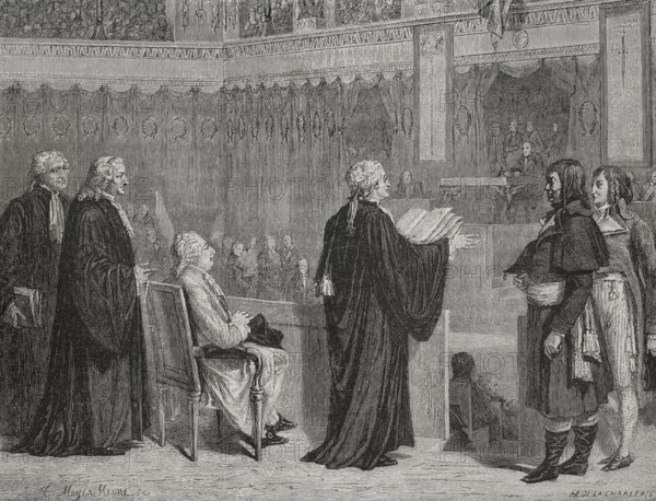 French Revolution. Judgment of King Louis XVI of France, December 1792. Louis XVI appears before the deputies of the National Convention, deconsecrated under the name of citizen Louis Capet. Louis XVI before his judges. Drawing by Hippolyte de la Charlerie. Engraving by Meyer-Heine. ""History of the French Revolution"". Volume I, 1876.