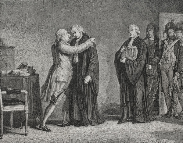 French Revolution. Judgment of King Louis XVI of France (1754-1793). Meeting of Louis XVI with his lawyer Malesherbes (1721-1794). Drawing by Hippolyte de la Charlerie. Engraving. ""History of the French Revolution"". Volume I, 1876.
