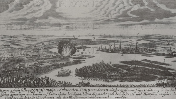Great Northern War (1700-1721). Conflicts that took place over supremacy in the Baltic Sea. Rivalry between Sweden, dominant in northern Europe, and Russia, Denmark-Norway and the Republic of the Two Nations caused these three states, together with Saxony, to form an anti-Swedish coalition in 1700. Battle of Daugava or Battle of Spilve (9 July 1701). The army of King Charles XII of Sweden attacked the fortifications of Lucavsala across the Daugava River, defeating the Russians. The text of the engraving reads: ""A fierce battle in which the Swedish King Charles XII defeated the Muscovites, who fortified themselves in the trench on the island of Lutzenholm, near Riga, after a battle on the night of 9-10 July 1701, in which all the Muscovites were destroyed"". Engraving by unknown artist based on a drawing by Johana Litena.