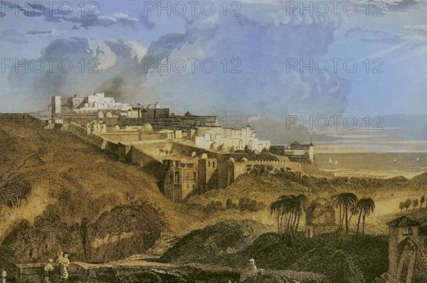 Jaffa. General view of the port city on the Mediterranean coast. Engraving by Ransonnette. Later colouration. ""La Tierra Santa y los lugares recorridos por los profetas, por los apostoles y por los cruzados"" (The Holy Land and the sites traversed by the prophets, by the apostles and by the crusaders). Published in Barcelona by the printing house of Joaquin Verdaguer, 1840.