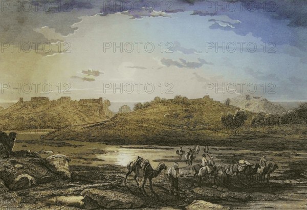 Ashkelon. Engraving by Ransonnette. Later colouration. ""La Tierra Santa y los lugares recorridos por los profetas, por los apostoles y por los cruzados"" (The Holy Land and the sites traversed by the prophets, by the apostles and by the crusaders). Published in Barcelona by the printing house of Joaquin Verdaguer, 1840.
