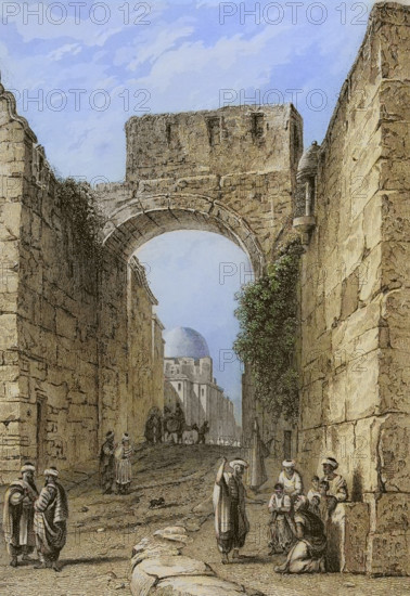 Jerusalem. View of a city street. Entrance to the Mount of Temple. Engraving by Ransonnette. Later colouration. ""La Tierra Santa y los lugares recorridos por los profetas, por los apostoles y por los cruzados"" (The Holy Land and the sites traversed by the prophets, by the apostles and by the crusaders). Published in Barcelona by the printing house of Joaquin Verdaguer, 1840.