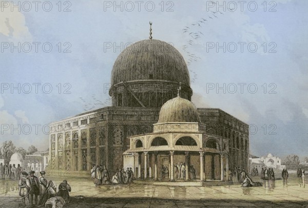 Jerusalem. Dome of the Rock, at the center of the Temple Mount or Jerusalem's Holy Esplanade. Engraving by Ransonnette. Later colouration. ""La Tierra Santa y los lugares recorridos por los profetas, por los apostoles y por los cruzados"" (The Holy Land and the sites traversed by the prophets, by the apostles and by the crusaders). Published in Barcelona by the printing house of Joaquin Verdaguer, 1840.