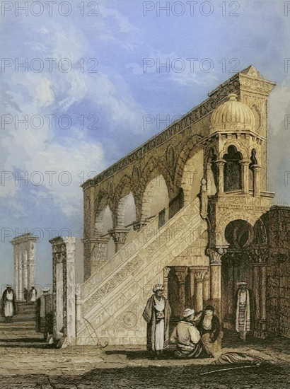 Jerusalem. Pulpit on the platform of the Mosque of Omar. Engraving by Emile Rouargue. Later colouration. ""La Tierra Santa y los lugares recorridos por los profetas, por los apostoles y por los cruzados"" (The Holy Land and the sites traversed by the prophets, by the apostles and by the crusaders). Published in Barcelona by the printing house of Joaquin Verdaguer, 1840.