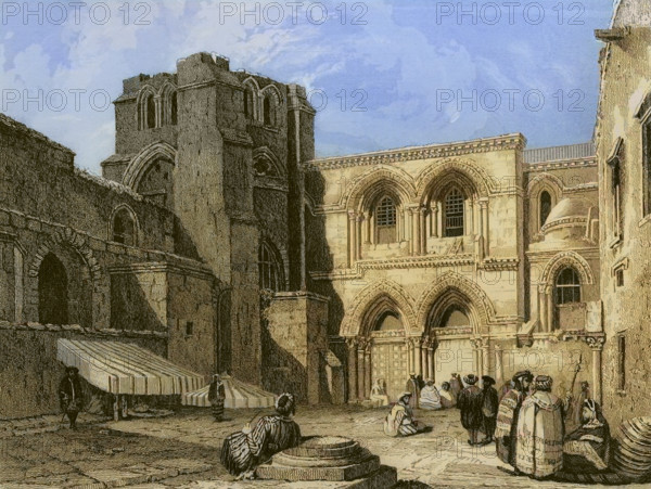 Jerusalem. Church of the Holy Sepulchre. Engraving by Emile Rouargue. Later colouration. ""La Tierra Santa y los lugares recorridos por los profetas, por los apostoles y por los cruzados"" (The Holy Land and the sites traversed by the prophets, by the apostles and by the crusaders). Published in Barcelona by the printing house of Joaquin Verdaguer, 1840.