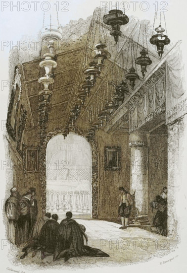 Bethlehem. Shrine of the Nativity. Engraving by Emile Rouargue. Later colouration. ""La Tierra Santa y los lugares recorridos por los profetas, por los apostoles y por los cruzados"" (The Holy Land and the sites traversed by the prophets, by the apostles and by the crusaders). Published in Barcelona by the printing house of Joaquin Verdaguer, 1840.