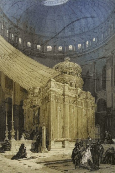 Jerusalem. Tomb of Jesus Christ. Church of the Holy Sepulchre. Engraving by Emile Rouargue. Later colouration. ""La Tierra Santa y los lugares recorridos por los profetas, por los apostoles y por los cruzados"" (The Holy Land and the sites traversed by the prophets, by the apostles and by the crusaders). Published in Barcelona by the printing house of Joaquin Verdaguer, 1840.