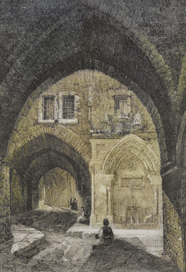 Jerusalem. Vaulted street. Engraving by Emile Rouargue. Later colouration. ""La Tierra Santa y los lugares recorridos por los profetas, por los apostoles y por los cruzados"" (The Holy Land and the sites traversed by the prophets, by the apostles and by the crusaders). Published in Barcelona by the printing house of Joaquin Verdaguer, 1840.