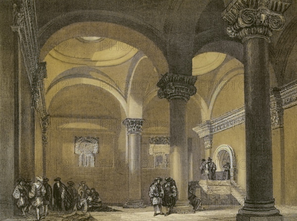 Jerusalem. Interior of the Golden Gate, the oldest entrance to the walls of the Old City. Engraving by Emile Rouargue. Later colouration. ""La Tierra Santa y los lugares recorridos por los profetas, por los apostoles y por los cruzados"" (The Holy Land and the sites traversed by the prophets, by the apostles and by the crusaders). Published in Barcelona by the printing house of Joaquin Verdaguer, 1840.