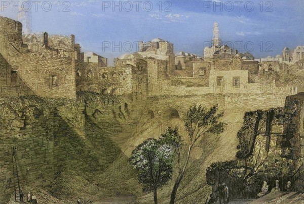Jerusalem. View from St Stephen's Gate, traditionally known as the Pool of Bethesda. Engraving by Emile Rouargue. Later colouration. ""La Tierra Santa y los lugares recorridos por los profetas, por los apostoles y por los cruzados"" (The Holy Land and the sites traversed by the prophets, by the apostles and by the crusaders). Published in Barcelona by the printing house of Joaquin Verdaguer, 1840.