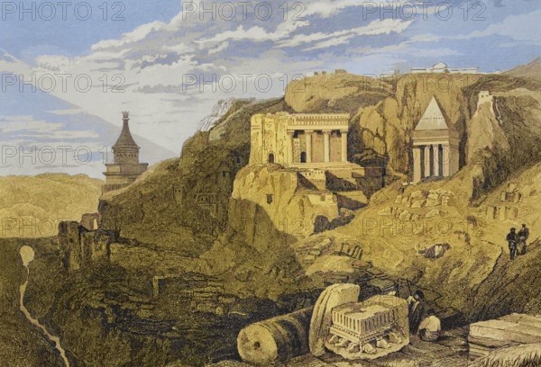 Jerusalem. Valley of Josaphat. Engraving by Aubert. Later colouration. ""La Tierra Santa y los lugares recorridos por los profetas, por los apostoles y por los cruzados"" (The Holy Land and the sites traversed by the prophets, by the apostles and by the crusaders). Published in Barcelona by the printing house of Joaquin Verdaguer, 1840.