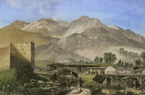 Jericho. General view. Engraving by Aubert. Later colouration. ""La Tierra Santa y los lugares recorridos por los profetas, por los apostoles y por los cruzados"" (The Holy Land and the sites traversed by the prophets, by the apostles and by the crusaders). Published in Barcelona by the printing house of Joaquin Verdaguer, 1840.
