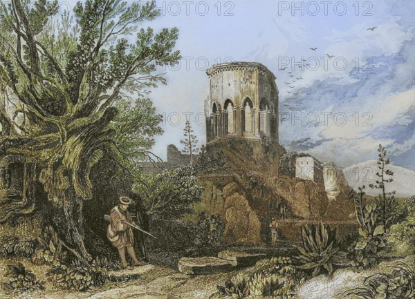 Samaria. Ruins of the city in the mountainous region of ancient Canaan. Engraving by Aubert. Later colouration. ""La Tierra Santa y los lugares recorridos por los profetas, por los apostoles y por los cruzados"" (The Holy Land and the sites traversed by the prophets, by the apostles and by the crusaders). Published in Barcelona by the printing house of Joaquin Verdaguer, 1840.