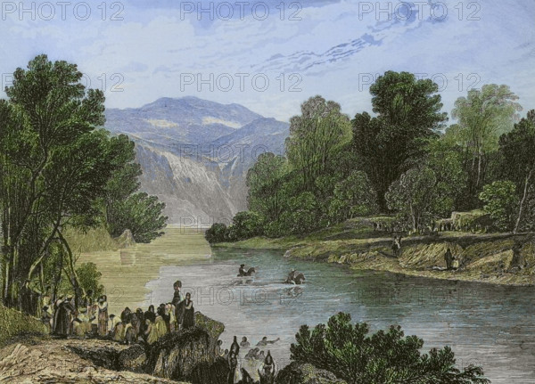 Banks of the Jordan River. Engraving by Aubert. Later colouration. ""La Tierra Santa y los lugares recorridos por los profetas, por los apostoles y por los cruzados"" (The Holy Land and the sites traversed by the prophets, by the apostles and by the crusaders). Published in Barcelona by the printing house of Joaquin Verdaguer, 1840.