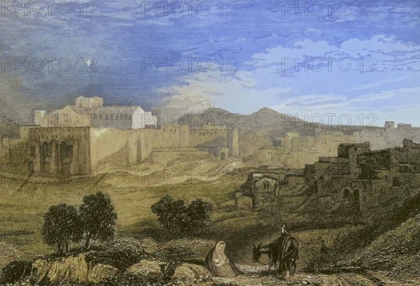 Bethlehem. General view. Engraving by Aubert. Later colouration. ""La Tierra Santa y los lugares recorridos por los profetas, por los apostoles y por los cruzados"" (The Holy Land and the sites traversed by the prophets, by the apostles and by the crusaders). Published in Barcelona by the printing house of Joaquin Verdaguer, 1840.