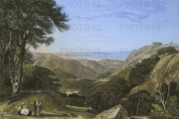 Panoramic view of Mount Lebanon. Engraving by Ransonnette. Later colouration. ""La Tierra Santa y los lugares recorridos por los profetas, por los apostoles y por los cruzados"" (The Holy Land and the sites traversed by the prophets, by the apostles and by the crusaders). Published in Barcelona by the printing house of Joaquin Verdaguer, 1840.
