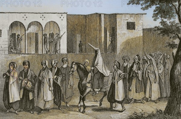 Wedding of a young Druze prince. Princess's retinue at Nahr el-Kelb. Wedding march to Mount Lebanon. Engraving by Ransonnette. Later colouration. ""La Tierra Santa y los lugares recorridos por los profetas, por los apostoles y por los cruzados"" (The Holy Land and the sites traversed by the prophets, by the apostles and by the crusaders). Published in Barcelona by the printing house of Joaquin Verdaguer, 1840.