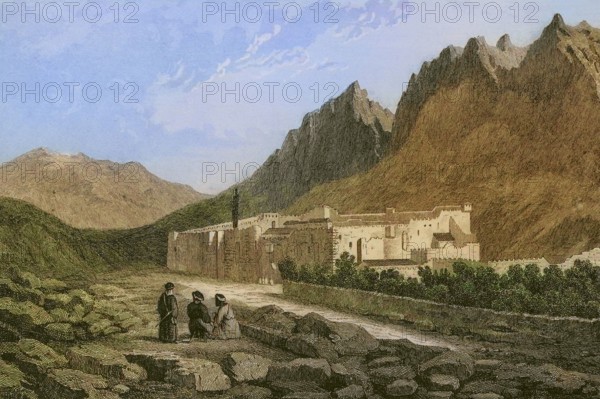 Saint Catherine's Monastery. Located at the foot of Mount Sinai. Engraving by Ransonnette. Later colouration. ""La Tierra Santa y los lugares recorridos por los profetas, por los apostoles y por los cruzados"" (The Holy Land and the sites traversed by the prophets, by the apostles and by the crusaders). Published in Barcelona by the printing house of Joaquin Verdaguer, 1840.