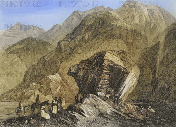 Egypt. Sinai Desert. Engraving by Emile Rouargue. Later colouration. ""La Tierra Santa y los lugares recorridos por los profetas, por los apostoles y por los cruzados"" (The Holy Land and the sites traversed by the prophets, by the apostles and by the crusaders). Published in Barcelona by the printing house of Joaquin Verdaguer, 1840.