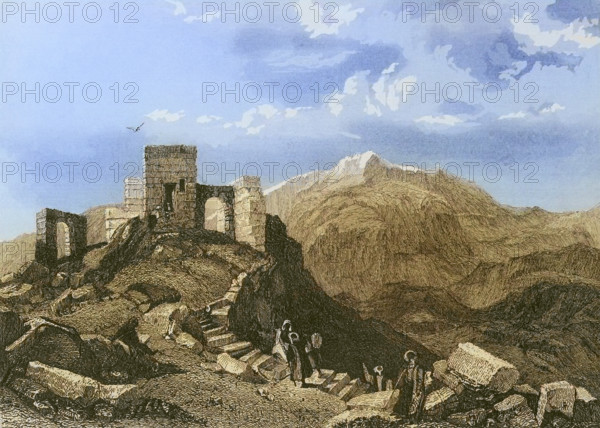 Summit of Mount Sinai. Ruins of a temple. Engraving by Emile Rouargue. Later colouration. ""La Tierra Santa y los lugares recorridos por los profetas, por los apostoles y por los cruzados"" (The Holy Land and the sites traversed by the prophets, by the apostles and by the crusaders). Published in Barcelona by the printing house of Joaquin Verdaguer, 1840.