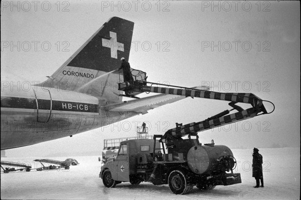 Deicing of a passenger aircraft, Zurich Airport 1968