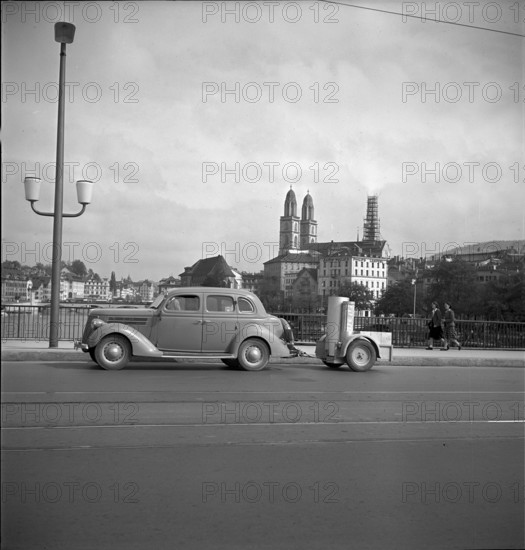 Car runs on wood gas generator due to gasoline shortage, Zurich 1940