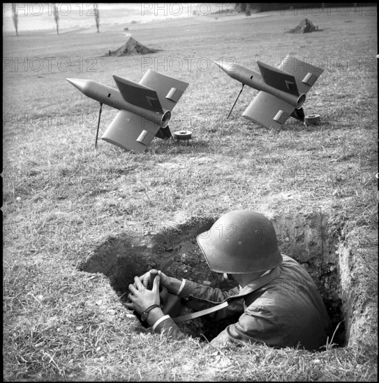 Soldier with Contraves air defense rockets, Zurich 1958