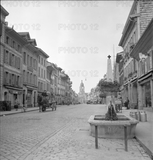 Goats walking on a street in Müstair, 1946