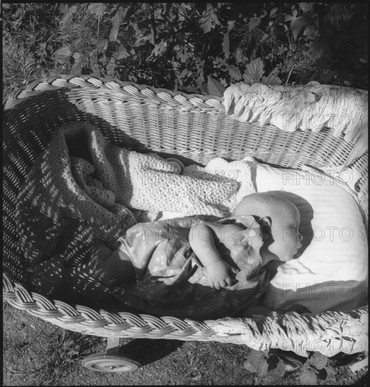 Refugee; Hungarian baby in a basket; 1945