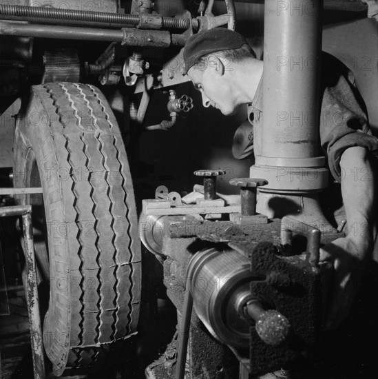 Vulcanizing, car tires, 1955