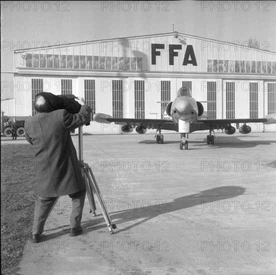 Fifth prototype of P16 military jet on factory area, Altenrhein 1960.