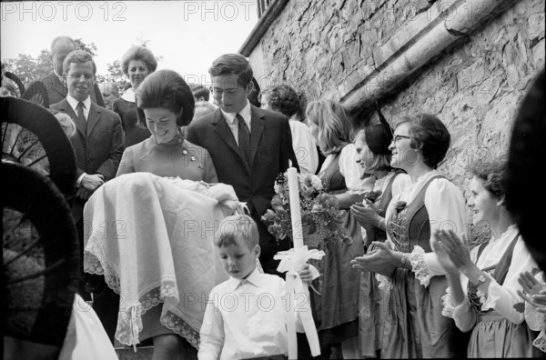 Marie and Hans-Adamof Liechtenstein at christening of their son Alois, 1968.