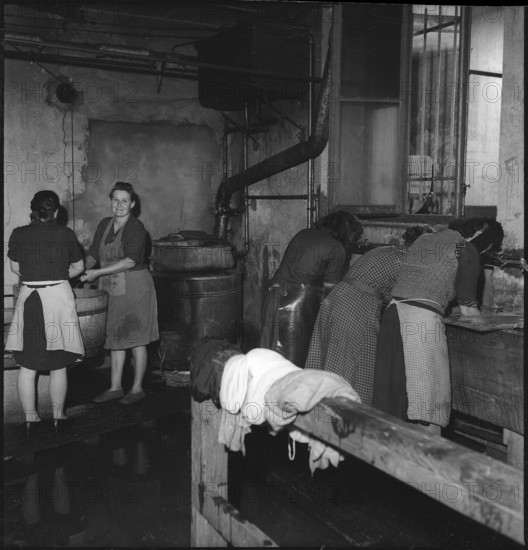 Refugees; women working in the laundry; 1945.