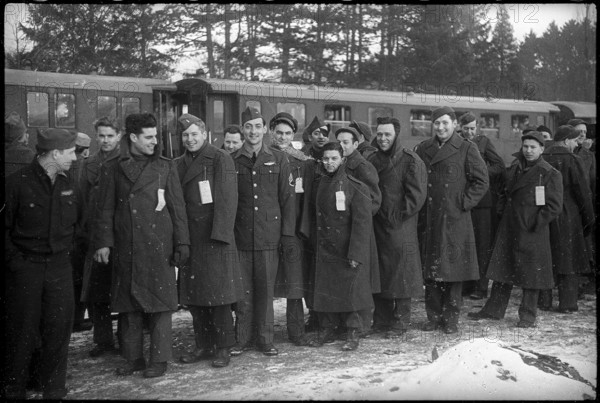 WW 2: french POWs in front of train, Kreuzlingen 1945.