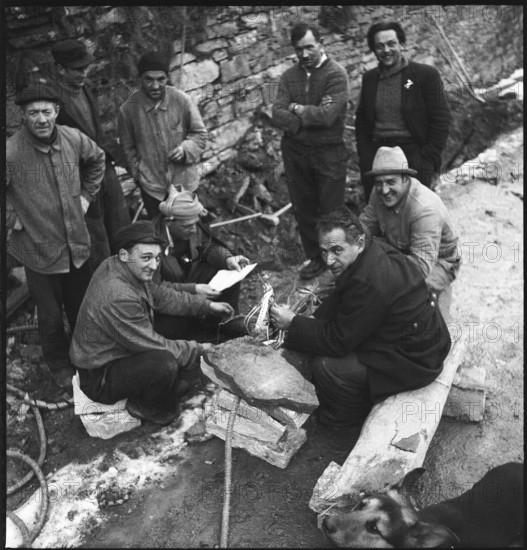 Landslide in Maggia valley; preparations for blasting to liberate street from rubble; 1950.
